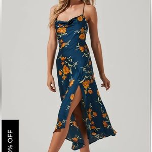 Astr the Label Gaia Midi Dress, Small, Teal with Gold Flowers